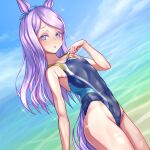  1girl animal_ears bangs beach blue_sky blue_swimsuit breasts cloud commentary_request competition_swimsuit covered_nipples day dutch_angle ear_ribbon flat_chest highleg highleg_swimsuit highres horizon horse_ears horse_girl horse_tail long_hair looking_at_viewer mejiro_mcqueen_(umamusume) mimimimimi multicolored_clothes multicolored_swimsuit ocean one-piece_swimsuit outdoors purple_eyes purple_hair sky small_breasts solo standing swept_bangs swimsuit tail umamusume 