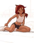  1girl absurdres bike_shorts black_eyes body_freckles breasts closed_mouth dark-skinned_female dark_skin freckles highres looking_at_viewer luimiart midriff navel original red_hair shirt shoes small_breasts smile solo white_footwear white_shirt 