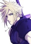  1boy armor blonde_hair blue_eyes buster_sword closed_mouth cloud cloud_strife cloudy_sky earrings final_fantasy final_fantasy_vii final_fantasy_vii_remake jewelry looking_at_viewer nidou_(rechlo) shoulder_armor sky sleeveless sleeveless_turtleneck solo spiked_hair turtleneck twitter_username upper_body weapon weapon_on_back white_background 