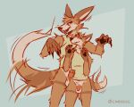  2022 anthro balls biped bottomless bottomless_anthro bottomless_male brown_body brown_fur canid canine canis cantio_(lawyerdog) claws clothed clothing coyote digital_media_(artwork) duo erection fangs finger_claws flaccid fur genitals green_background humanoid_genitalia humanoid_penis lawyerdog male mammal multicolored_body multicolored_fur pawpads penis simple_background smile tail_motion tailwag white_body white_fur 