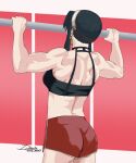  1girl alternate_muscle_size ass black_hair breasts cowboy_shot crop_top dolphin_shorts drecota earrings from_behind gold_earrings hairband highres jewelry medium_breasts multicolored_background muscular muscular_female pullups shorts sidelocks simple_background solo spy_x_family yor_briar 