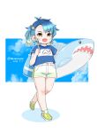  1girl alternate_costume bag blue_hair blue_shirt blue_sky brown_eyes cloud commentary_request fangs fukae_(kancolle) full_body gradient_hair inflatable_shark inflatable_toy kantai_collection masara_(chuujou) multicolored_hair one-hour_drawing_challenge shirt shoes short_hair shorts side_ponytail sidelocks sky sneakers solo t-shirt tsurime white_shorts yellow_footwear 