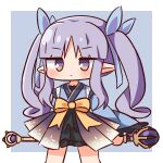  1girl bangs blue_background blue_kimono blue_ribbon chibi closed_mouth commentary_request hair_ribbon hana_kazari highres holding holding_staff japanese_clothes kimono kyouka_(princess_connect!) long_hair long_sleeves looking_at_viewer orb parted_bangs pointy_ears princess_connect! purple_eyes purple_hair ribbon solo staff twintails two-tone_background v-shaped_eyebrows very_long_hair vlad_iii_(fate/apocrypha) white_background wide_sleeves 