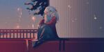  akaneyume clothing_request copyright_request evening film_grain fireworks gender_request highres japanese_clothes kimono knees_up long_hair looking_to_the_side mafumafu red_eyes sitting smile tree 
