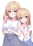  2girls ameshizuku_natsuki belt blue_dress blush breasts brown_hair dress green_eyes grey_skirt hand_to_own_mouth long_hair looking_at_viewer multiple_girls original shirt short_hair siblings sisters skirt smile white_shirt 