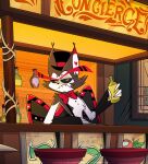  alcohol apple bar bartender beverage bottomwear bow_tie clothing domestic_cat eyebrows felid feline felis frown furniture hat hazbin_hotel headgear headwear hi_res hotel husk_(hazbin_hotel) looking_at_viewer male mammal overalls pants red_eyebrows solo stool top_hat vivzmind wings yellow_teeth 