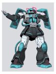 border fusion grey_background gundam hand_on_own_chest hatsune_miku highres mecha mobile_suit_gundam no_humans nyaring943 outstretched_arm robot signature simple_background solo standing vocaloid white_border zaku_ii 