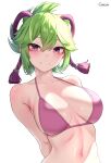  1girl arms_behind_back artist_name bikini bikini_top_only blush breasts closed_mouth commentary_request genshin_impact green_hair gweda hair_between_eyes hair_ornament highres kuki_shinobu large_breasts looking_at_viewer navel pink_bikini purple_eyes short_hair simple_background slit_pupils smile solo swimsuit upper_body white_background 