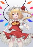  1girl ascot blonde_hair cowboy_shot crystal fangs flandre_scarlet frills grey_background hat hat_ribbon highres kuro_wa_shinoru long_hair mob_cap one_side_up open_mouth petticoat puffy_short_sleeves puffy_sleeves red_eyes red_skirt red_vest ribbon shirt short_sleeves skirt solo touhou vest white_headwear wings yellow_ascot 