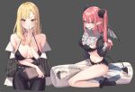  1girl bare_shoulders black_bra black_horns black_pants blonde_hair book bra bracelet breasts chen_yang_yang cleavage closed_mouth collarbone commentary cosplay dakimakura_(object) demon_horns demon_tail demon_wings english_commentary finger_to_mouth full_body gojou_wakana green_eyes grey_background highres holding holding_book horns jewelry kitagawa_marin large_breasts legs long_hair looking_at_viewer mixed-language_commentary multiple_views pants pillow pink_hair pointy_ears red_eyes rizu-kyun rizu-kyun_(cosplay) simple_background sitting smile socks sono_bisque_doll_wa_koi_wo_suru tail underwear wariza wings 