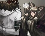  1boy 1girl :t anger_vein animal_ear_fluff animal_ears arknights arms_behind_back blush fingerless_gloves fkskii65 fur-trimmed_hood fur_trim gloves gnosis_(arknights) grey_background grey_gloves grey_sweater hands_up height_difference holding holding_hair hood hood_down hooded_jacket jacket kjerag_logo long_hair long_sleeves looking_at_another monch_(arknights) purple_eyes red_hair ribbed_sweater simple_background speech_bubble spoken_anger_vein spoken_emoticon sweater twintails very_long_hair white_gloves white_jacket 