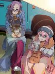  2girls absurdres beanie blanket blue_eyes car cup glasses ground_vehicle hat highres jacket kagamihara_nadeshiko kagamihara_sakura motor_vehicle mug multiple_girls pink_hair purple_eyes purple_hair scarf siblings sisters sitting smile steam yasu_(pixiv) yurucamp 