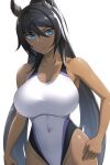  1girl animal_ears black_hair blue_eyes breasts commentary_request competition_swimsuit covered_navel cowboy_shot dark-skinned_female dark_skin highleg highleg_swimsuit highres horse_ears horse_girl horse_tail large_breasts long_hair one-piece_swimsuit pataneet ponytail simple_background solo swimsuit symboli_kris_s_(umamusume) tail umamusume white_background white_swimsuit 