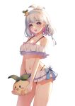  1girl :d absurdres bare_shoulders bikini blue_eyes breasts frilled_bikini frills hairband happy highres looking_at_viewer multicolored_hair navel original short_hair small_breasts smile streaked_hair swimsuit thighs ugwa white_background white_hair 