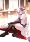  1girl absurdres ahoge back backless_dress backless_outfit bangs bare_shoulders black_gloves black_legwear blush breasts dress elbow_gloves fate/grand_order fate_(series) flower gloves grey_hair hair_flower hair_ornament highres jeanne_d&#039;arc_alter_(avenger)_(fate) jeanne_d&#039;arc_alter_(fate) large_breasts legs long_hair looking_at_viewer purple_dress sitting smile solo thighhighs very_long_hair yellow_eyes zhenpiaoliang 