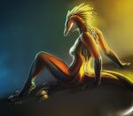  2022 anthro breasts digital_media_(artwork) dinosaur featureless_breasts feet female fingers lizard non-mammal_breasts nude reptile safiru scalie sitting solo toes 