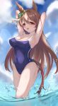  1girl absurdres animal_ears armpits arms_behind_head blue_sky blue_swimsuit breasts brown_eyes brown_hair cleavage cloud competition_school_swimsuit day ear_ribbon highres horse_ears horse_girl horse_tail large_breasts long_hair looking_at_viewer maimuu new_school_swimsuit outdoors partially_underwater_shot presenting_armpit satono_diamond_(umamusume) school_swimsuit sky solo swimsuit tail umamusume water 