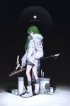  1girl areaaaron black_legwear boots coat contrapposto copyright_request green_hair hand_in_pocket highres holding holding_weapon long_hair looking_at_viewer orange_eyes science_fiction socks solo weapon weapon_request white_coat white_footwear 