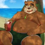  2022 anthro beach belly beverage big_belly blush bodily_fluids bottomwear brown_body clothing cloud eyewear food fruit glasses hammock hi_res humanoid_hands kemono lifewonders male mammal melon moobs navel one_eye_closed outside overweight overweight_male plant seaside shorts solo sweat tokyo_afterschool_summoners ursid video_games volos water watermelon watermelon_slice wink yaki_atsuage 