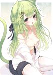  1girl absurdres animal_ears bangs blush breasts brown_eyes cat_ears cat_tail cleavage green_hair hair_ornament hairclip highres long_hair looking_at_viewer medium_breasts open_mouth original pleated_skirt sitting skirt solo tail thighhighs white_legwear yuui_hutabakirage 