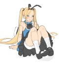  1girl absurdres animal_ears black_bow black_bowtie black_footwear black_skirt blonde_hair blue_eyes blush bow bowtie closed_mouth doll_joints fake_animal_ears highres joints long_hair looking_at_viewer luimiart original rabbit_ears shoes skirt smile socks solo twintails very_long_hair white_legwear 