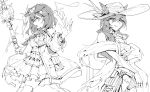  2girls absurdres animal_ears areaaaron arknights breasts cat_ears character_request cleavage coat dress ears_through_headwear greyscale hairband hat highres holding looking_at_viewer monochrome multiple_girls off_shoulder simple_background smile sun_hat thighhighs white_background 