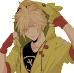  1boy adjusting_hood animal_hood black_shirt blonde_hair blush chocobo closed_eyes cloud_strife final_fantasy final_fantasy_vii final_fantasy_vii_remake fingerless_gloves gloves hair_between_eyes hood hoodie kyoujixxxx male_focus shirt short_hair solo spiked_hair sweatdrop upper_body white_background yellow_hoodie 