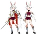  1boy ahoge animal_ears bare_shoulders black_footwear braid bulge cape contrapposto earrings holding holding_shield holding_sword holding_weapon jewelry legwear_garter long_hair looking_at_viewer multiple_views navel orange_eyes original otoko_no_ko ponytail rabbit_ears red_cape red_shorts shield shoes shorts smile socks sword two-sided_cape two-sided_fabric very_long_hair waterkuma weapon white_hair white_legwear 