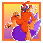  anthro big_tail canid canine claws eye_bags fox fur happy jumping male mammal open_mouth orange_body orange_fur pawpads purple_body purple_fur purple_pawpads roman_(theenyface) semi-anthro solo theenyface 