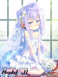  1boy artist_request bare_shoulders barefoot blue_eyes blue_hair blush bouquet crossdressing dress feet flower gloves hacka_doll hacka_doll_3 hair_flower hair_ornament highres long_hair otoko_no_ko sitting strapless strapless_dress toes veil wedding_dress white_dress white_gloves 