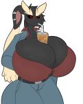  2019 absurd_res anthro beverage big_breasts black_sclera bottomwear breasts bubble_tea clothing container cup drinking ear_piercing facial_piercing female hands-free_bubble_tea hi_res huge_breasts lip_piercing lopunny meme nintendo object_between_breasts pants piercing pok&eacute;mon pok&eacute;mon_(species) red_eyes solo stemingbunbun topwear video_games 