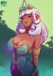  1girl absurdres arm_behind_back armlet artist_name bangs breasts cleavage closed_mouth collarbone crown dress freckles green_background green_dress grey_hair half-closed_eyes highres large_breasts league_of_legends long_hair mixplin qiyana_(league_of_legends) red_eyes shiny shiny_hair shiny_skin smile solo 