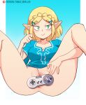  1girl absurdres anus bangs blonde_hair blue_tunic braid breasts cable censored clitoris crown_braid english_commentary game_console green_eyes hair_ornament highres m_legs medium_breasts no_panties novelty_censor paid_reward_available parted_bangs pointy_ears presenting princess_zelda pussy pussy_peek short_hair solo super_famicom_gamepad super_nintendo the_legend_of_zelda the_legend_of_zelda:_breath_of_the_wild the_legend_of_zelda:_breath_of_the_wild_2 tobias_wheller tunic_lift x_hair_ornament 
