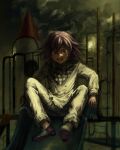  1boy :d absurdres artist_name bangs buttons checkered_clothes checkered_scarf danganronpa_(series) danganronpa_v3:_killing_harmony double-breasted flipped_hair grey_jacket grey_pants hair_between_eyes harari highres jacket looking_at_viewer male_focus night ouma_kokichi outdoors pants scarf shoes short_hair sitting smile solo teeth upper_teeth 