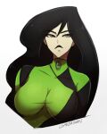  1girl artist_name black_hair black_lips bodysuit breasts colored_skin english_commentary gloves green_eyes green_skin highres kim_possible large_breasts lips long_hair looking_at_viewer omiza_somi shego solo very_long_hair 