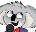  annie_creams anthro blue_eyes bow_tie buster_moon clothed clothing eyebrows fully_clothed illumination_entertainment koala male mammal marsupial microphone portrait raised_eyebrows simple_background sing_(movie) solo suit vombatiform 