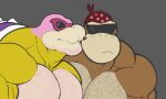  &lt;3 bald bandanna biceps blush body_hair body_hsir brown_hair chest_hair donkey_kong_(series) duo edit eyewear fan_edited funky_kong hair kerchief kissing kong koopa koopaling male male/male mammal mario_bros muscular muscular_neck nintendo pecs pink_hair primate ripped-saurian roy_koopa scalie shell simple_background spiked_shell spikes spikes_(anatomy) stubble sunglasses video_games 
