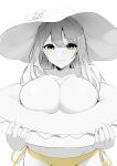  1girl absurdres bikini bikini_bottom_only blue_archive breast_press breast_squeeze breasts cleavage green_eyes greyscale hat highres huge_breasts inflatable_toy looking_at_viewer minoru_amayi monochrome nonomi_(blue_archive) solo sun_hat swimsuit topless yellow_bikini 