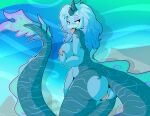  2022 anthro blue_hair breasts disney dragon female genitals hair hand_on_breast hi_res horn long_tail looking_back maynara nipples pussy raya_and_the_last_dragon simple_background sisu_(ratld) smile solo tongue tongue_out 