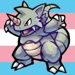  2018 3_fingers ambiguous_gender claws colored fingers grey_body hi_res horn lgbt_pride nintendo open_mouth pok&eacute;mon pok&eacute;mon_(species) pride_colors red_eyes rhydon shaded snaggle_tooth solo thumpleweed transgender_pride_colors video_games 