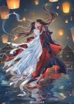  1boy 1girl absurdres beads black_hair black_jacket building closed_eyes dress french_kiss hair_bun hair_ornament highres holding_hands jacket kiss lantern light long_hair lu_xueqi_(zhu_xian) night night_sky reflection sky standing standing_on_liquid water white_dress yingying_ya zhu_xian 