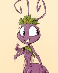  a_bug&#039;s_life ant antennae_(anatomy) anthro arthropod arthropod_abdomen big_eyes blue_eyes blush breasts clothed clothing clothing_lift crown disney embarrassed female hymenopteran insect insect_wings jewene_the_ewe leaf leaf_clothing looking_back nipples pixar princess_atta purple_body purple_nipples shirt shirt_lift simple_background small_breasts smile smirk solo standing topwear wings 