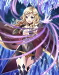  1girl ahoge bangs blonde_hair bodystocking breasts cape circlet cleavage covered_navel fire_emblem fire_emblem_fates grey_eyes hand_on_own_chest highres hip_armor ice kakiko210 long_hair looking_at_viewer magic medium_breasts open_mouth ophelia_(fire_emblem) outstretched_hand panties parted_bangs solo thighhighs turtleneck underwear upper_body yellow_panties 