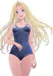  1girl blonde_hair blue_eyes commentary competition_school_swimsuit english_commentary esojima_gary eyelashes happy highres jewelry kofune_ushio long_hair looking_at_viewer necklace school_swimsuit shell_necklace simple_background smile solo summertime_render swimsuit wet wet_clothes white_background 