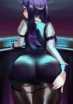  1girl absurdres ass ass_focus ass_grab blush collared_shirt dress_shirt highres jill_stingray kuri_(tastykuri) long_hair looking_back pantyhose pencil_skirt pink_eyes purple_hair shirt skirt solo thighband_pantyhose twintails twitter_username va-11_hall-a very_long_hair vest 