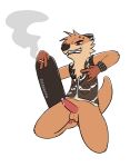  absurd_res animal_genitalia animal_penis anthro balls bodily_fluids bottomless bottomless_male brown_body brown_fur chester_the_otter cigarette clothed clothing cum ear_piercing eledensfw erection eyebrow_piercing facial_piercing fur genital_fluids genitals hi_res jacket kneeling leaking leaking_cum looking_at_viewer lutrine male mammal mustelid penis piercing presenting red_eyes simple_background skateboard smile smiling_at_viewer smoking solo topwear wrist_spikes 