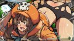  1girl ass blush brown_eyes brown_hair doggystyle fingerless_gloves gloves grabbing guilty_gear hat hetero long_hair mark_gavatino may_(guilty_gear) open_mouth orange_headwear pirate_hat rape sex sex_from_behind skull_and_crossbones solo solo_focus sweat trembling 