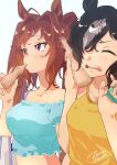  2girls absurdres animal_ears artist_name bag bangs bare_shoulders black_hair blue_shirt blush breasts brown_hair closed_eyes condensation crop_top daiwa_scarlet_(umamusume) hair_intakes hair_over_one_eye hands_up highres horse_ears long_hair looking_afar medium_breasts multiple_girls off-shoulder_shirt off_shoulder open_mouth papico_(ice_cream) red_hair shirt shoulder_bag simple_background small_breasts umamusume upper_body vodka_(umamusume) yellow_shirt zetsuyo_chimayo 