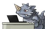  2019 3_fingers ambiguous_gender claws colored computer desk digital_media_(artwork) digital_painting_(artwork) fingers furniture grey_body horn laptop nintendo pok&eacute;mon pok&eacute;mon_(species) red_eyes rhydon shaded simple_background snaggle_tooth solo table thumpleweed video_games 