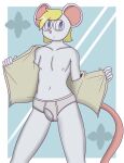  anthro blonde_hair blue_eyes briefs bulge clothing dress_shirt eyewear glasses graycatluna grey_body hair hi_res male mammal mouse murid murine nipples rodent shirt slim solo tighty_whities topwear underwear undressing white_briefs white_clothing white_underwear wide_hips 